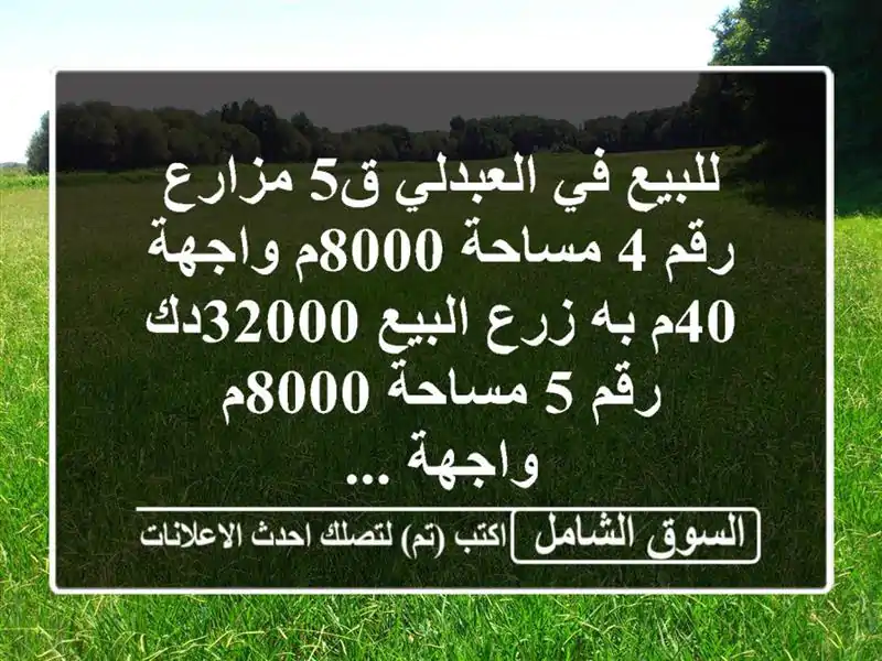 للبيع في العبدلي ق5 مزارع رقم 4 مساحة 8000م واجهة 40م...