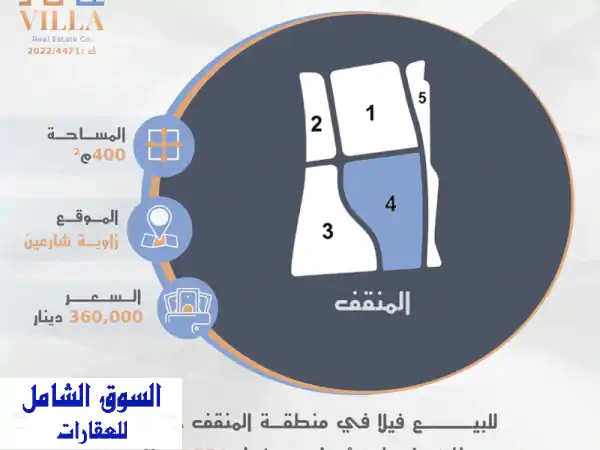 فيلا للبيع بالمنقف قطعة 4: زاوية، 3 أدوار، بمدخول...