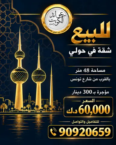 شقة للبيع في حولي - المساحة: 48م - بالقرب من شارع تونس...