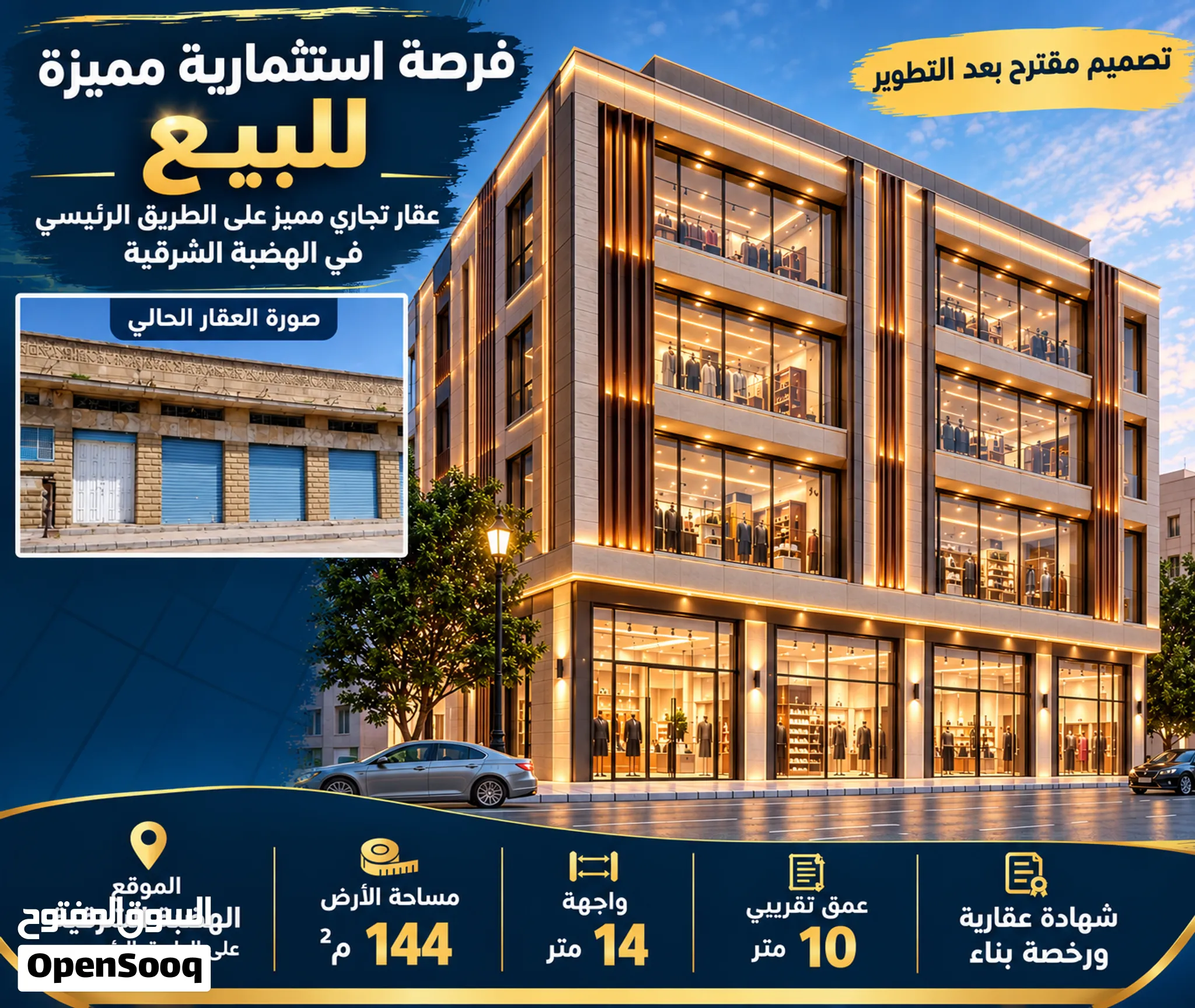عقار تجاري وسكني مميز بمساحة أرض 144م2 وبسعر ممتاز على الطريق الرئيسي الهضبة الشرقية شهادة عقارية