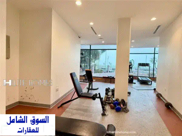 شقة مفروشة فاخرة للإيجار في السالمية | غرفة نوم واحدة بإطلالة بحرية | مسبح وجيم وخدمات | 500 د.ك