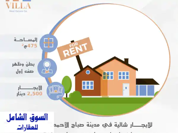 للإيجار شاليه في مدينة صباح الأحمد  البحرية c4،...