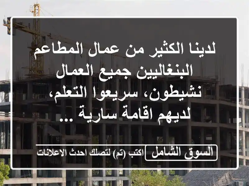 لدينا الكثير من عمال المطاعم البنغاليين جميع العمال نشيطون، سريعوا التعلم، لديهم اقامة سارية ...