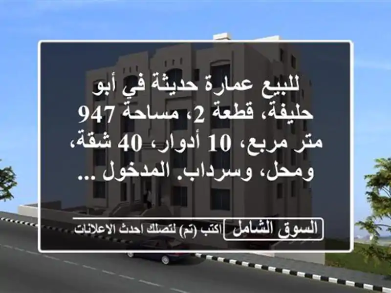 للبيع عمارة حديثة في أبو حليفة، قطعة 2، مساحة 947...