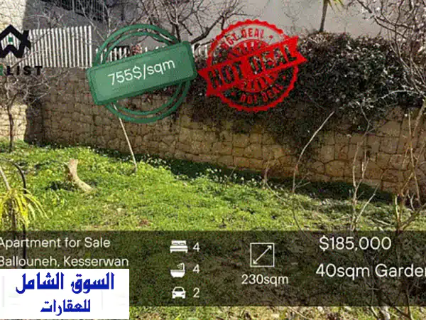 شقة فخمة للبيع في بلونه، كسروان: 230م² مع حديقة 40م²...