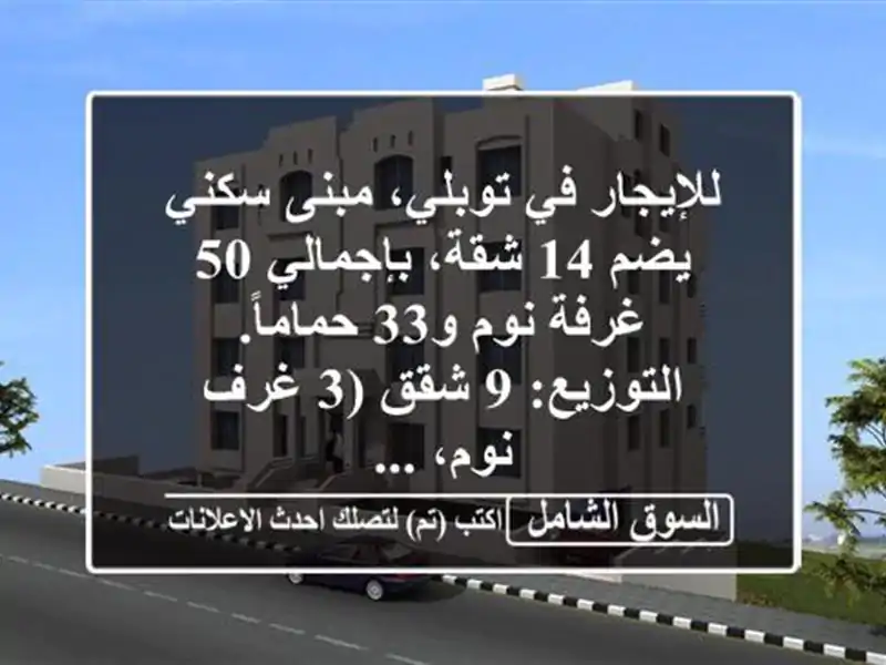 للإيجار في توبلي، مبنى سكني يضم 14 شقة، بإجمالي 50 غرفة نوم و33 حماماً. التوزيع: 9 شقق (3 غرف نوم، ...