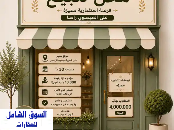 محل للبيع 30م علي العيسوي راسا به ك م متاجر حاليا ب 10000ج باقي في عقد الإيجار سنة مطلوب 4 مليون ...